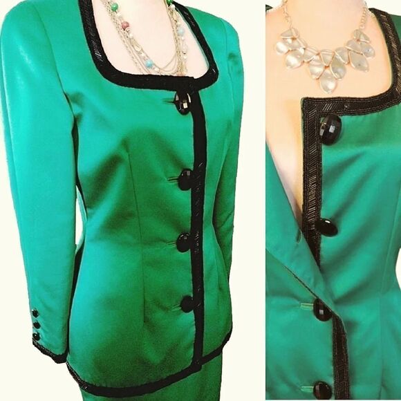 VTG 90s Della Roufogali Green Satin Black Embellished Designer Blazer Size 6 - Picture 5 of 11